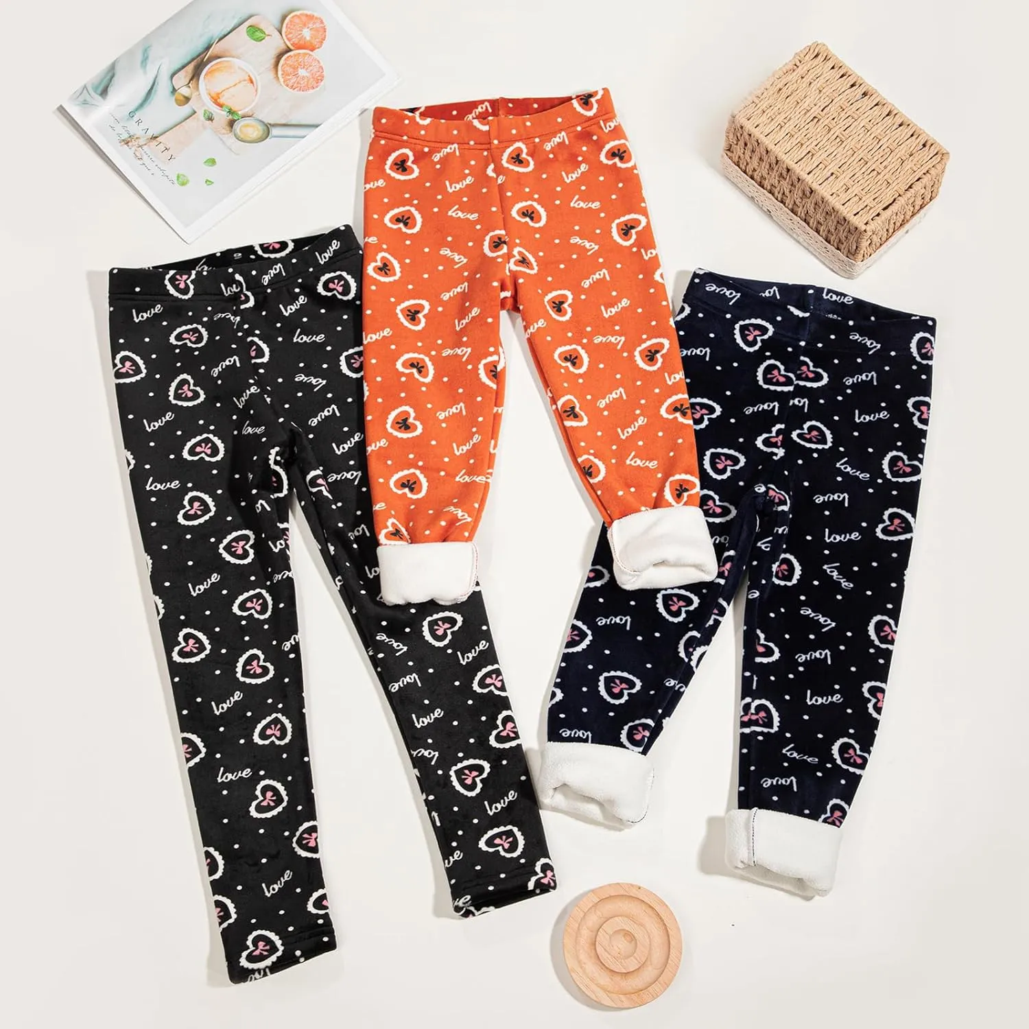 3 Pack Girls' Fleece Lined Leggings - Winter Pants, Warm Lined Leggings, Thick Thermal Tights