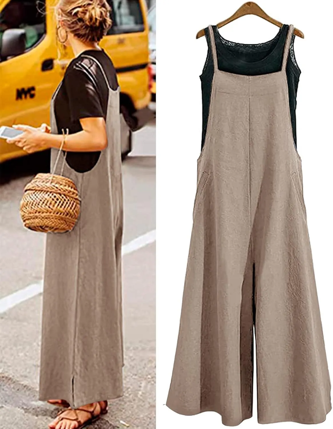 Aedvoouer Women's Baggy Plus Size Overalls Cotton Linen Jumpsuits Wide Leg Harem Pants Casual Rompers