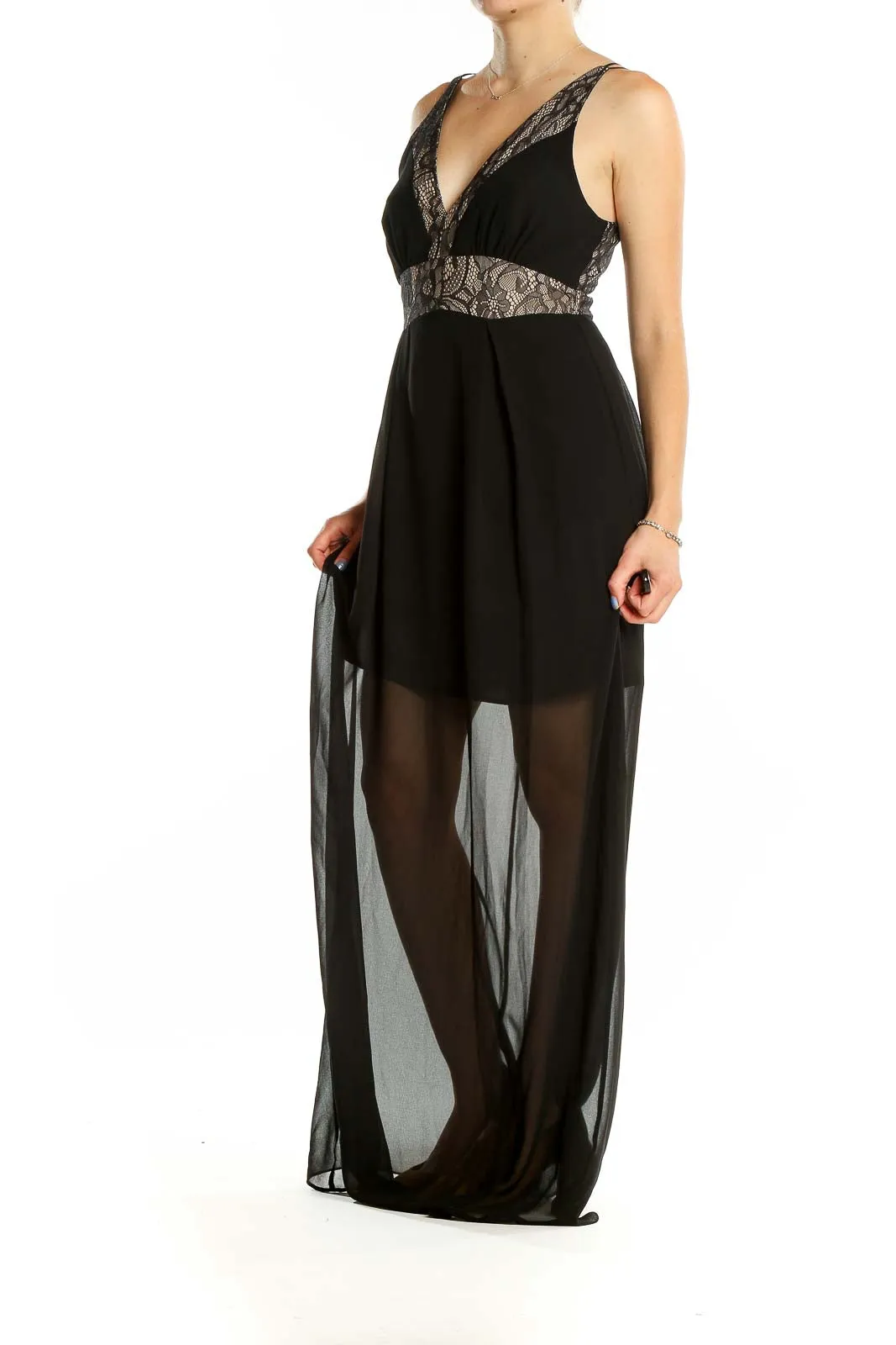 Black Lace-Trimmed Sheer Maxi Dress