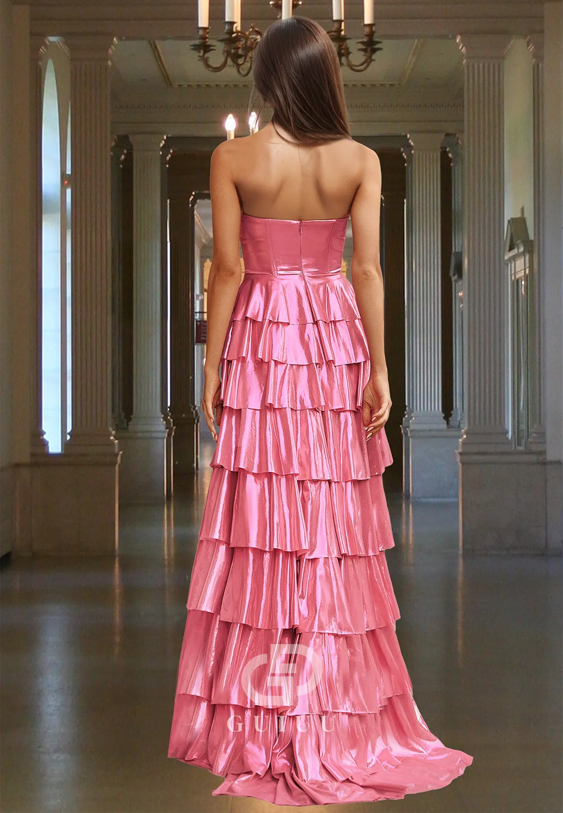 Candy Pink A-Line Strapless Sleeveless Prom Dress with Ruffles Corset Evening Party Dress