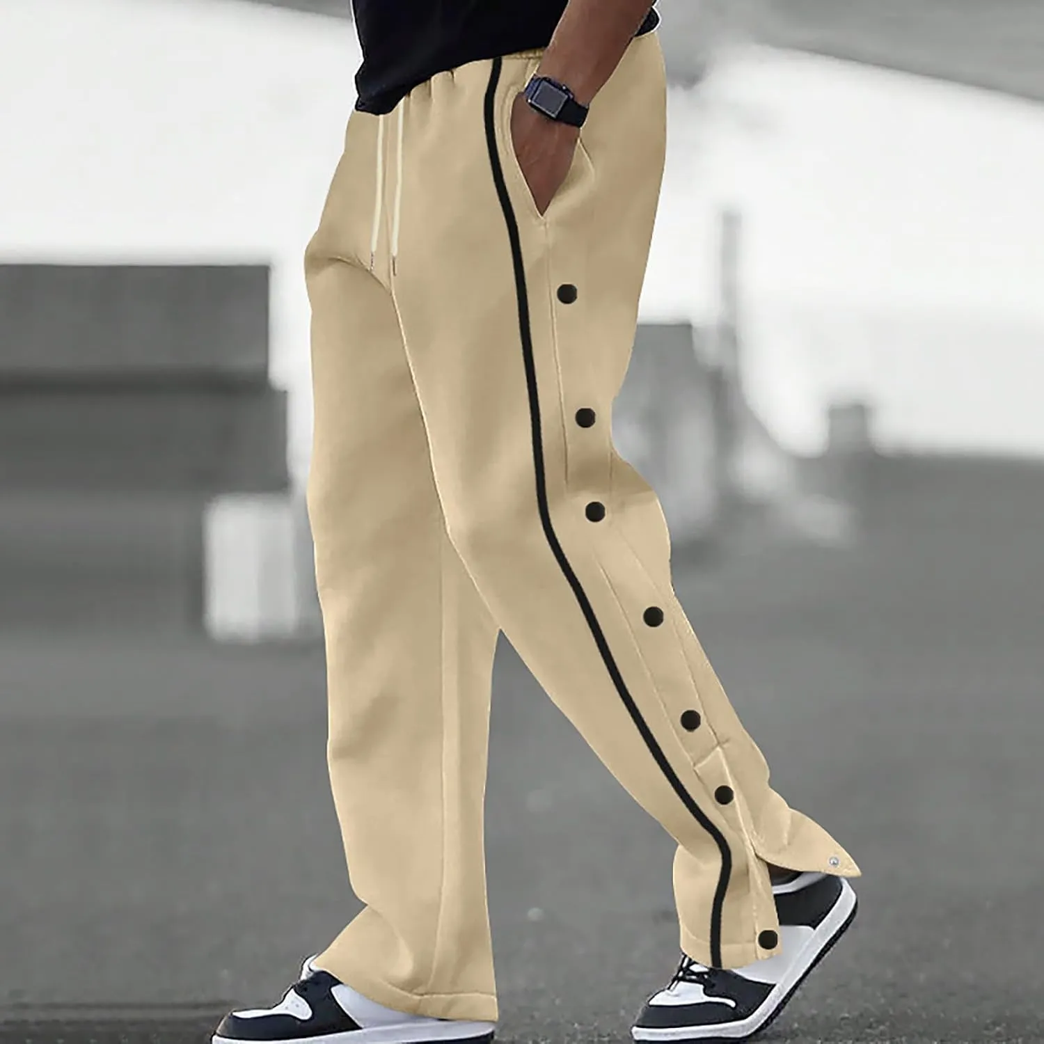 Casual Sweatpants for Men Side Button Elastic Waist Drawstring Active Running Jogging Pants Not Tear Away