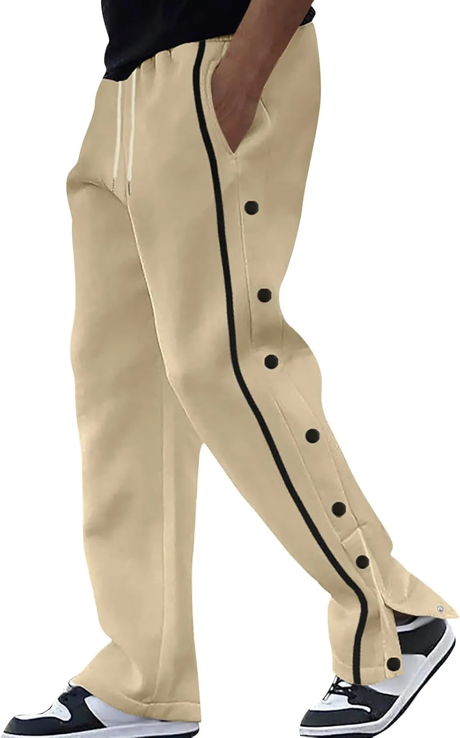 Casual Sweatpants for Men Side Button Elastic Waist Drawstring Active Running Jogging Pants Not Tear Away
