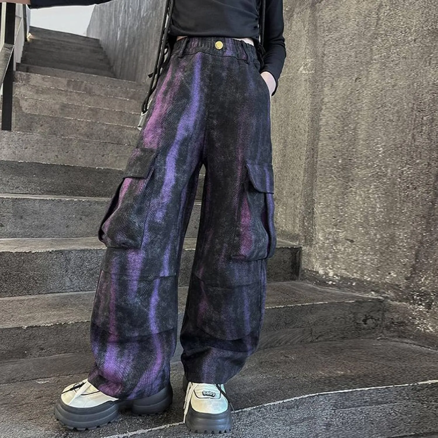 Children's Purple Techwear Streetwear Joggers Hip Hop Pants Purple Overalls Sweatpants Cargo Pants Girls Cat Leggings