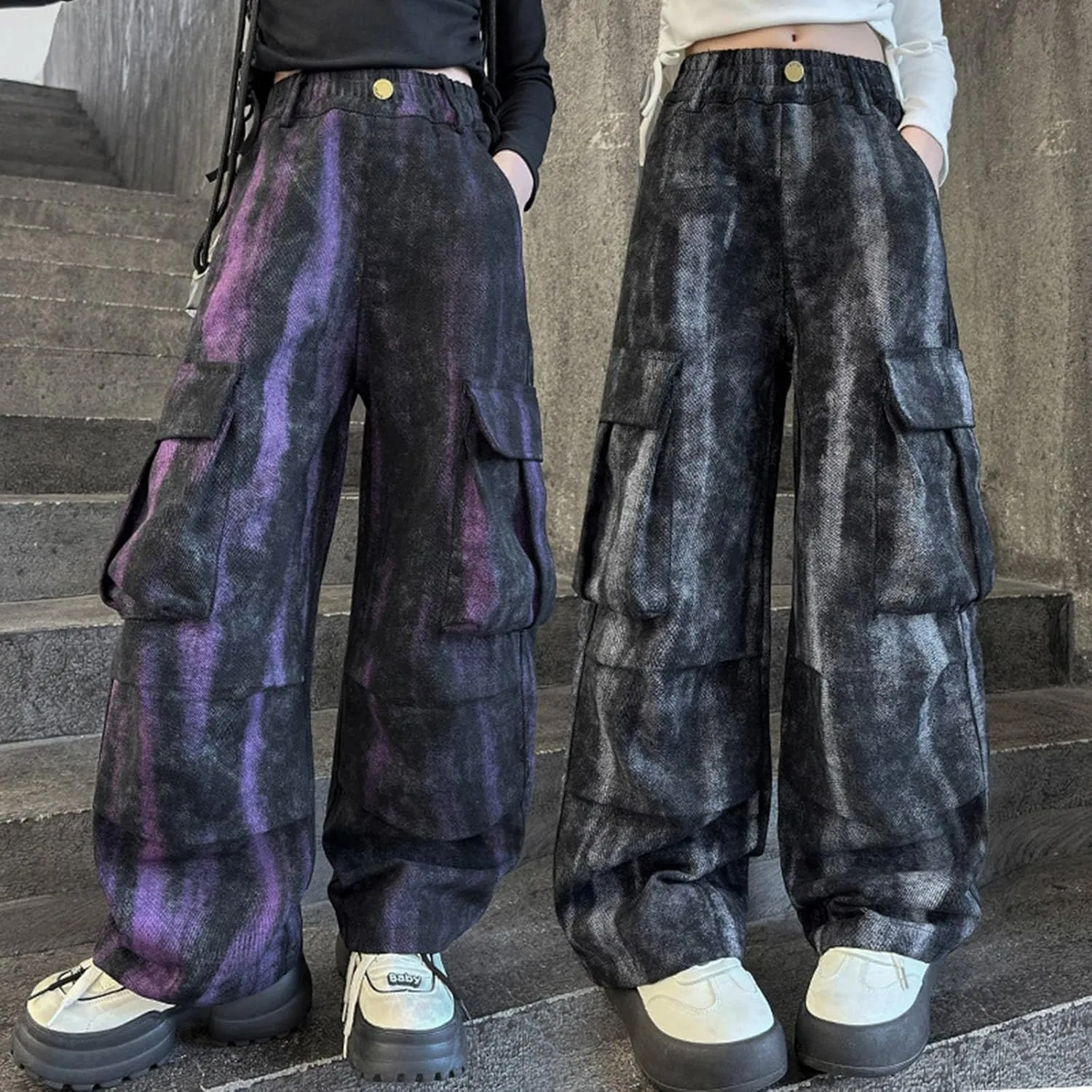 Children's Purple Techwear Streetwear Joggers Hip Hop Pants Purple Overalls Sweatpants Cargo Pants Girls Cat Leggings