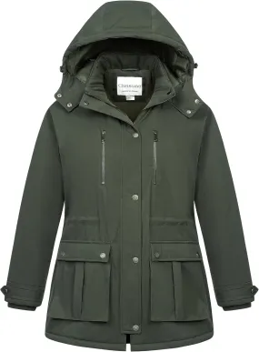 Chrisuno Women's Plus Size Winter Coat Insulated Military Parka Jacket Waterproof Fleece Lined Thickened Detachable Hood