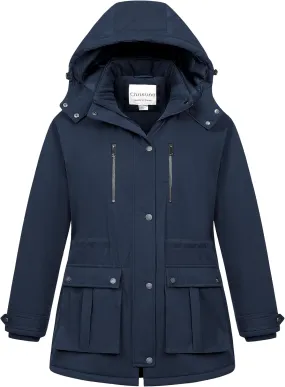 Chrisuno Women's Plus Size Winter Coat Insulated Military Parka Jacket Waterproof Fleece Lined Thickened Detachable Hood