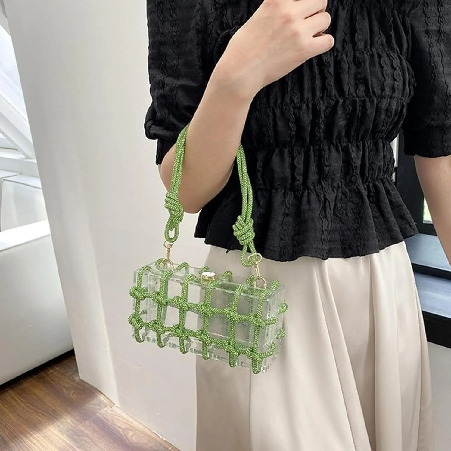 Clear Acrylic Rhinestone Purse, Sparkle Evening Clutch, Crystal Embellished Knotted Handbag for Cocktail, Party, Prom