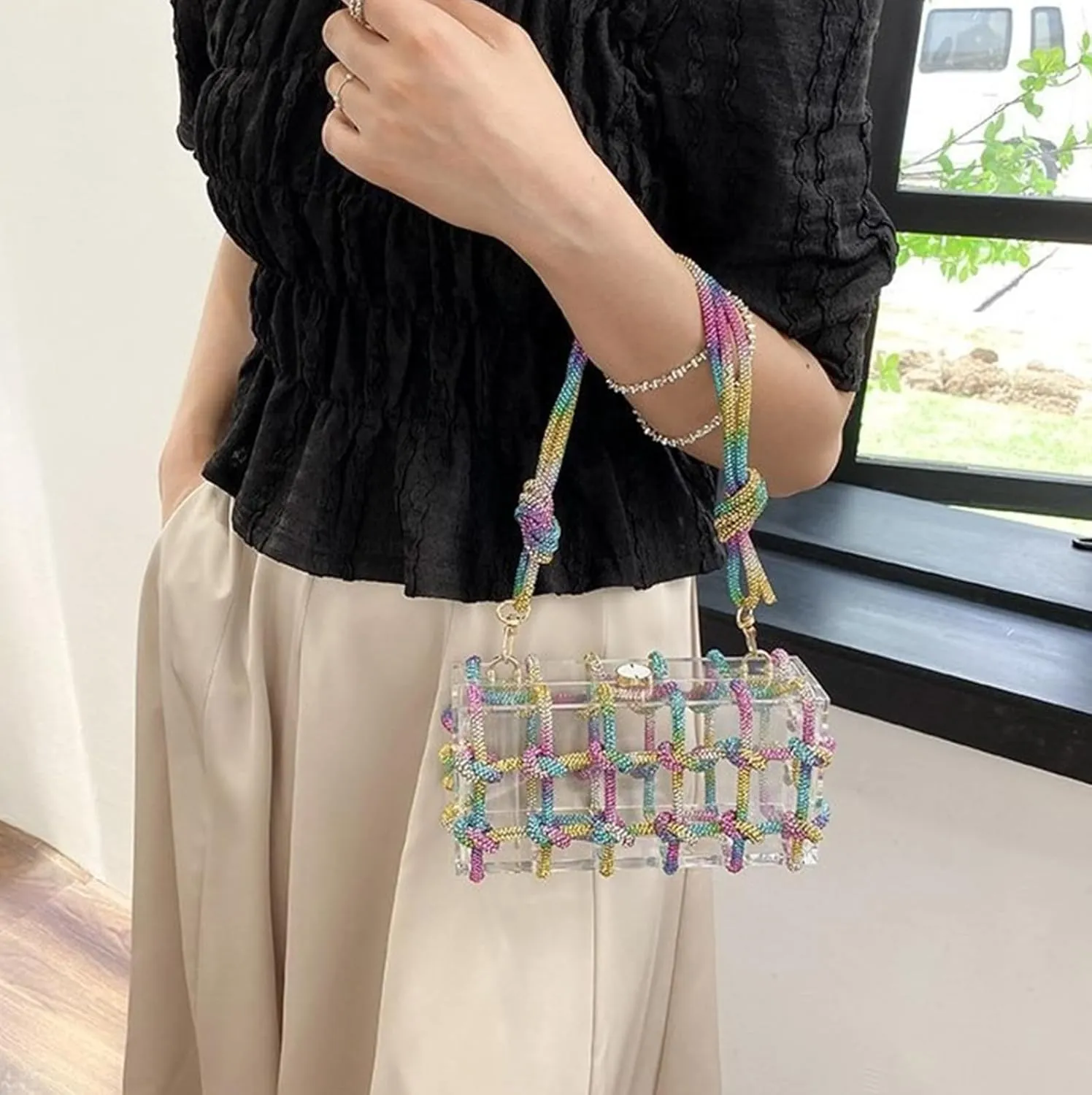 Clear Acrylic Rhinestone Purse, Sparkle Evening Clutch, Crystal Embellished Knotted Handbag for Cocktail, Party, Prom