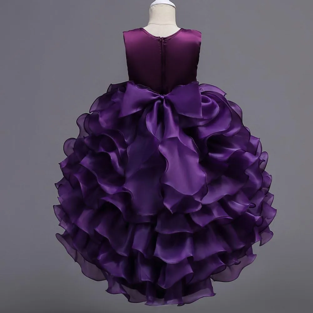 Girls Vintage Ruffle Lace Tulle Flower Girl Dresses Junior Bridesmaid Bow Princess Gown Party Wedding Trailing Dress