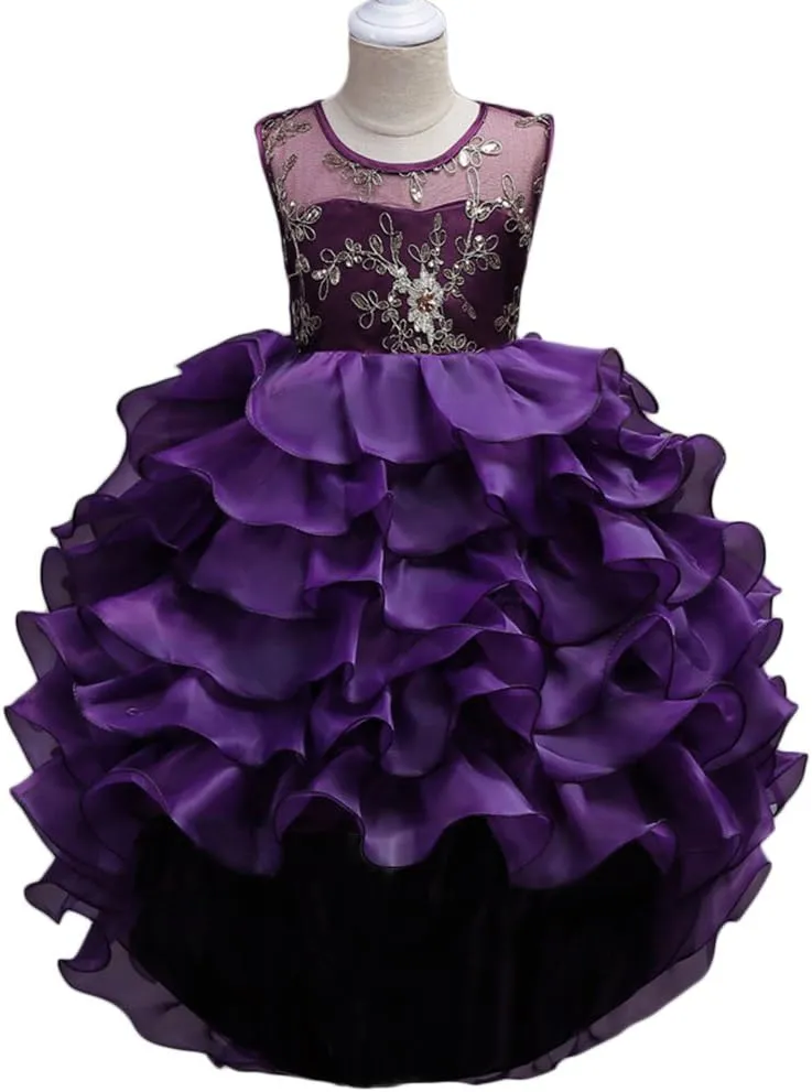Girls Vintage Ruffle Lace Tulle Flower Girl Dresses Junior Bridesmaid Bow Princess Gown Party Wedding Trailing Dress