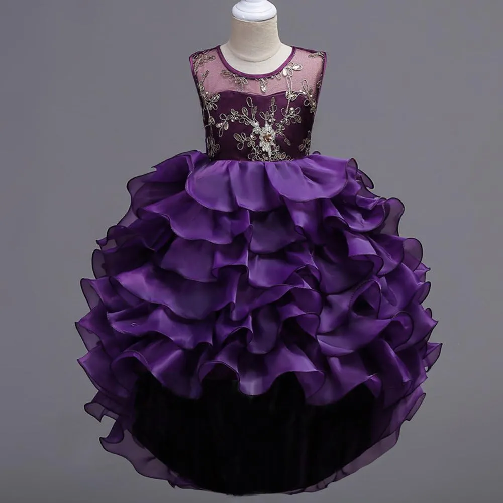 Girls Vintage Ruffle Lace Tulle Flower Girl Dresses Junior Bridesmaid Bow Princess Gown Party Wedding Trailing Dress