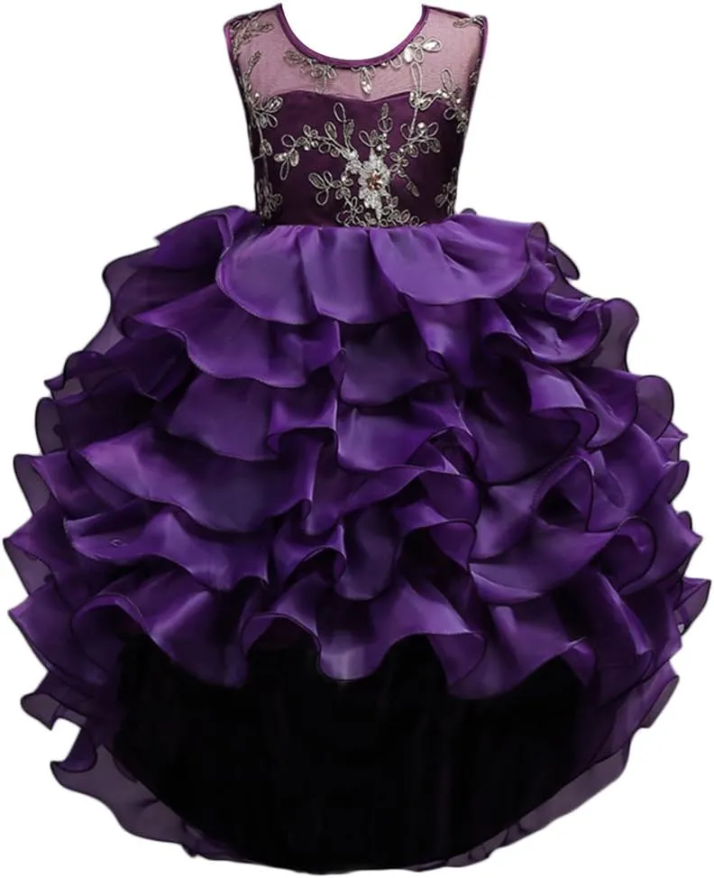 Girls Vintage Ruffle Lace Tulle Flower Girl Dresses Junior Bridesmaid Bow Princess Gown Party Wedding Trailing Dress