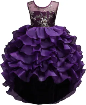 Girls Vintage Ruffle Lace Tulle Flower Girl Dresses Junior Bridesmaid Bow Princess Gown Party Wedding Trailing Dress