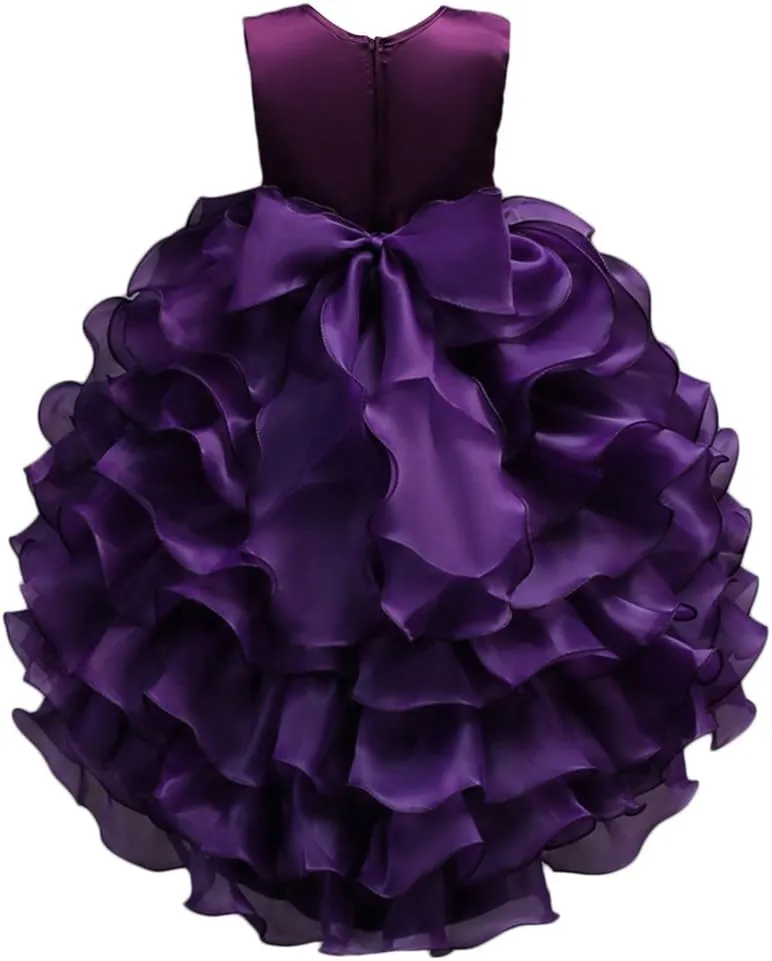 Girls Vintage Ruffle Lace Tulle Flower Girl Dresses Junior Bridesmaid Bow Princess Gown Party Wedding Trailing Dress