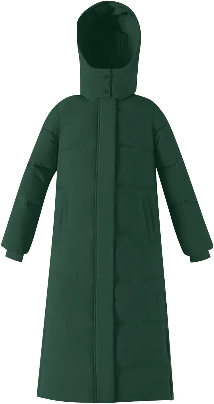 HGps8w Women's Winter Long Thickened Down Coat Slit Side Quilted Puffer Jacket Insulated Parkas Hooded Outerwear with Pockets