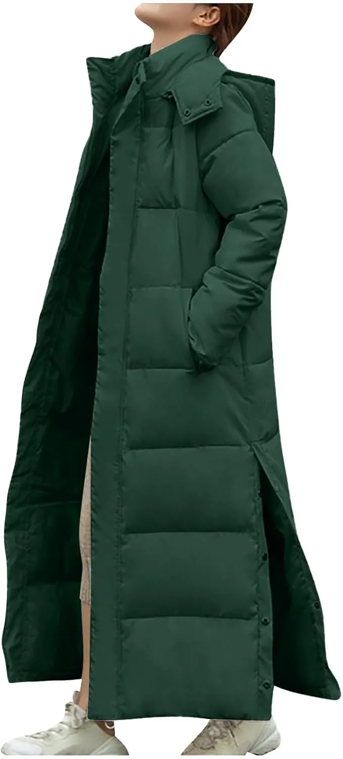 HGps8w Women's Winter Long Thickened Down Coat Slit Side Quilted Puffer Jacket Insulated Parkas Hooded Outerwear with Pockets