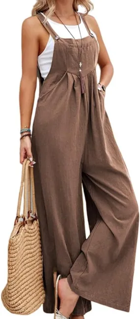 IDEALSANXUN Wide Leg Overalls for Womens Casual Cotton Linen Baggy Loose Maternity Summer Beach Jumpsuits Romper
