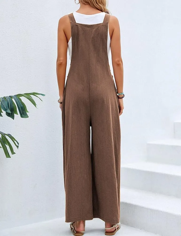 IDEALSANXUN Wide Leg Overalls for Womens Casual Cotton Linen Baggy Loose Maternity Summer Beach Jumpsuits Romper
