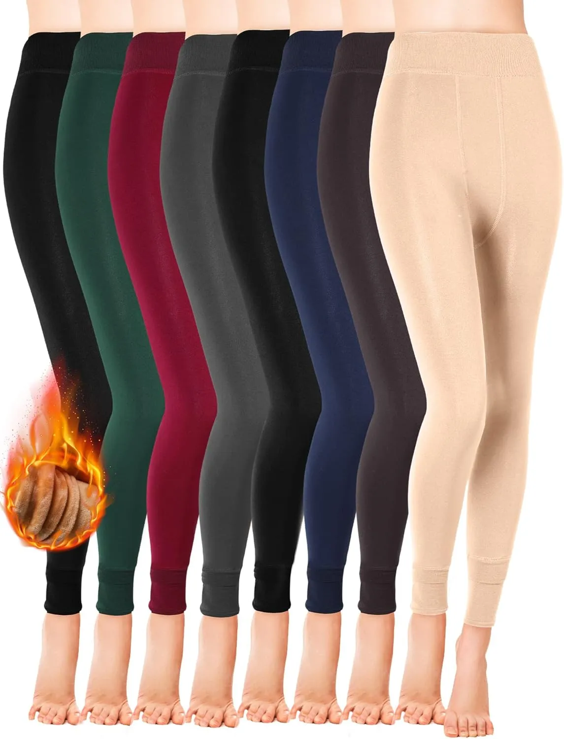 JaGely 8 Pack Women Fleece Lined Tights, Winter Warm High Waisted Leggings Thermal Pantyhose Thermal Running Yoga Hiking Workout Tights Leggings, 7 Colors