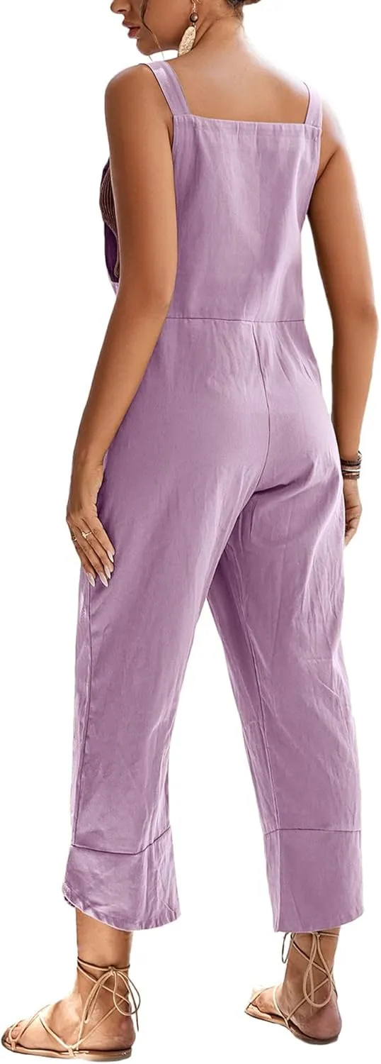 LYANER Women's Loose Baggy Wide Leg Cotton Linen Overalls Jumpsuit Harem Pants with Pockets