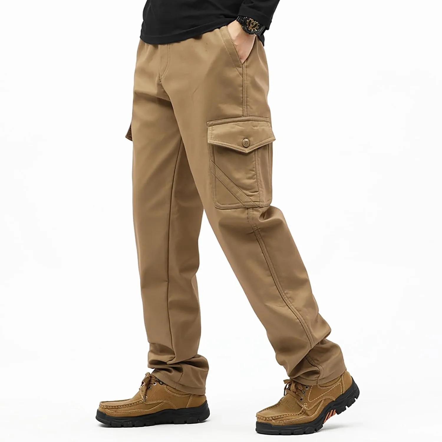 Mens Fleece Lined Cargo Pants Winter Warn Cargo-Pants Tactical Combat Hiking Workout Trousers Multi Pocket Sweatpants