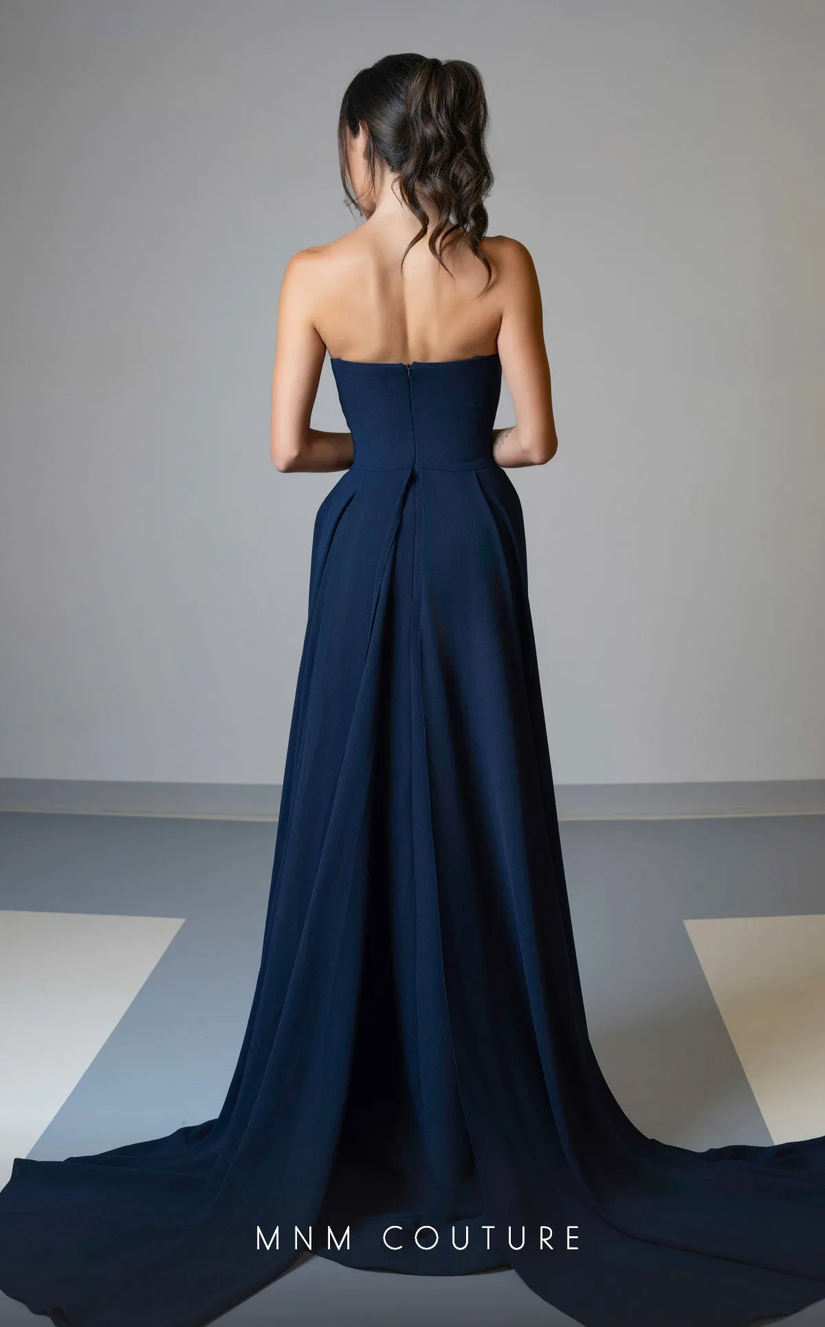 MNM Couture V07539 : Sleevless Asymmetrical Embroidered Center Prom Gown with Long Train