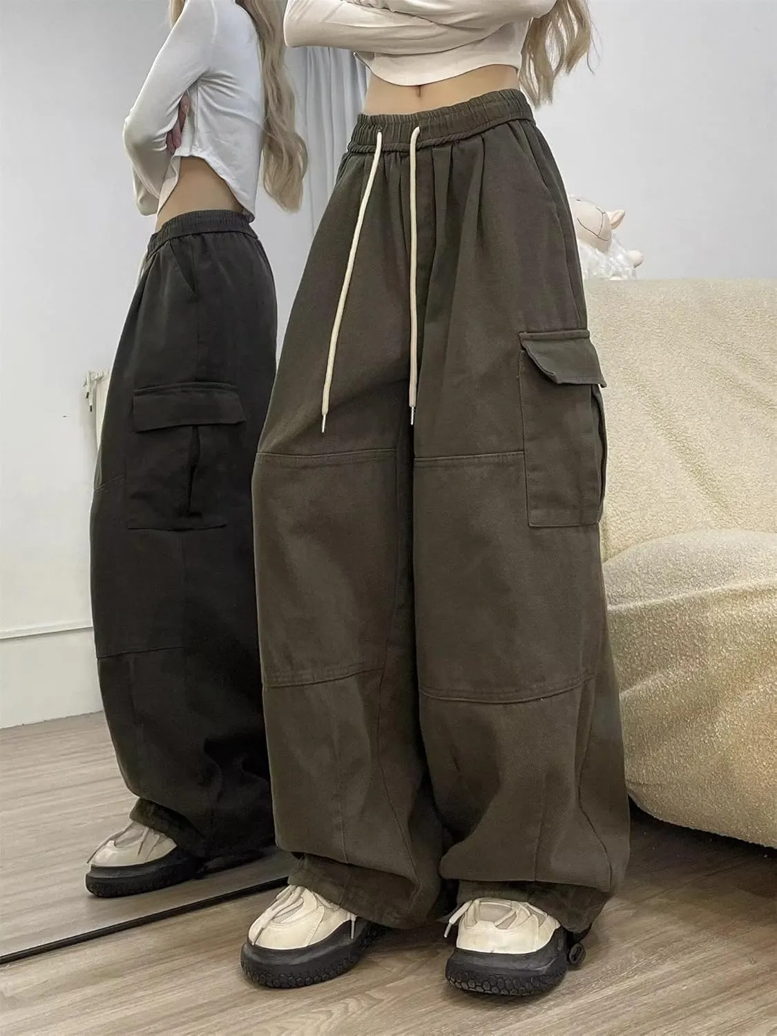 Pooyikoi Women's Baggy Cargo Pants Y2K Pants Multi-Pocket Pants Gothic Harajuku Baggy Wide-Leg Pants Oversized Streetwear