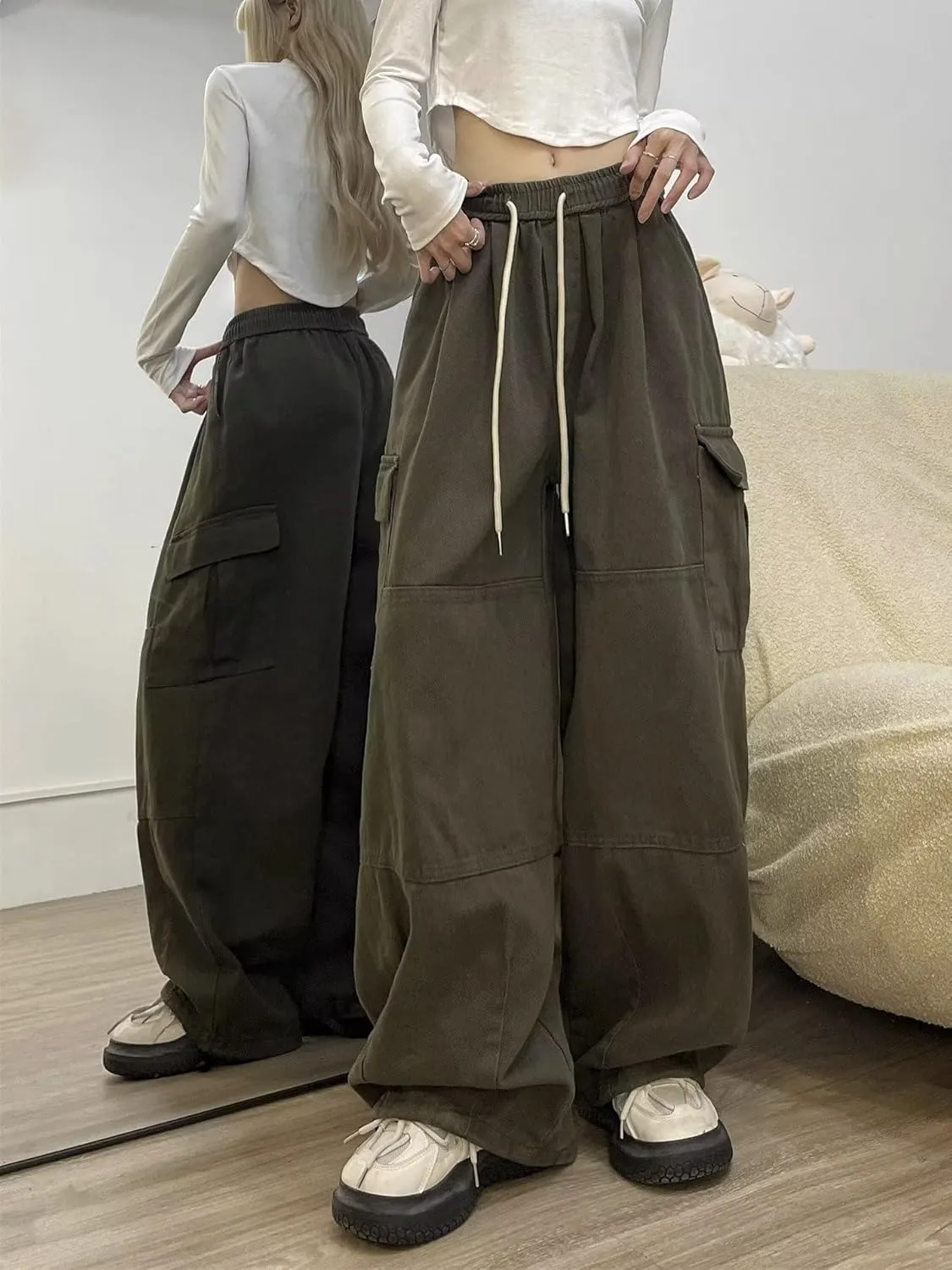 Pooyikoi Women's Baggy Cargo Pants Y2K Pants Multi-Pocket Pants Gothic Harajuku Baggy Wide-Leg Pants Oversized Streetwear