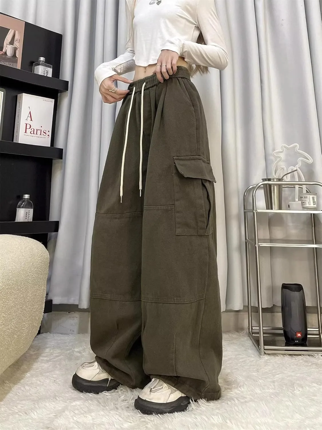 Pooyikoi Women's Baggy Cargo Pants Y2K Pants Multi-Pocket Pants Gothic Harajuku Baggy Wide-Leg Pants Oversized Streetwear