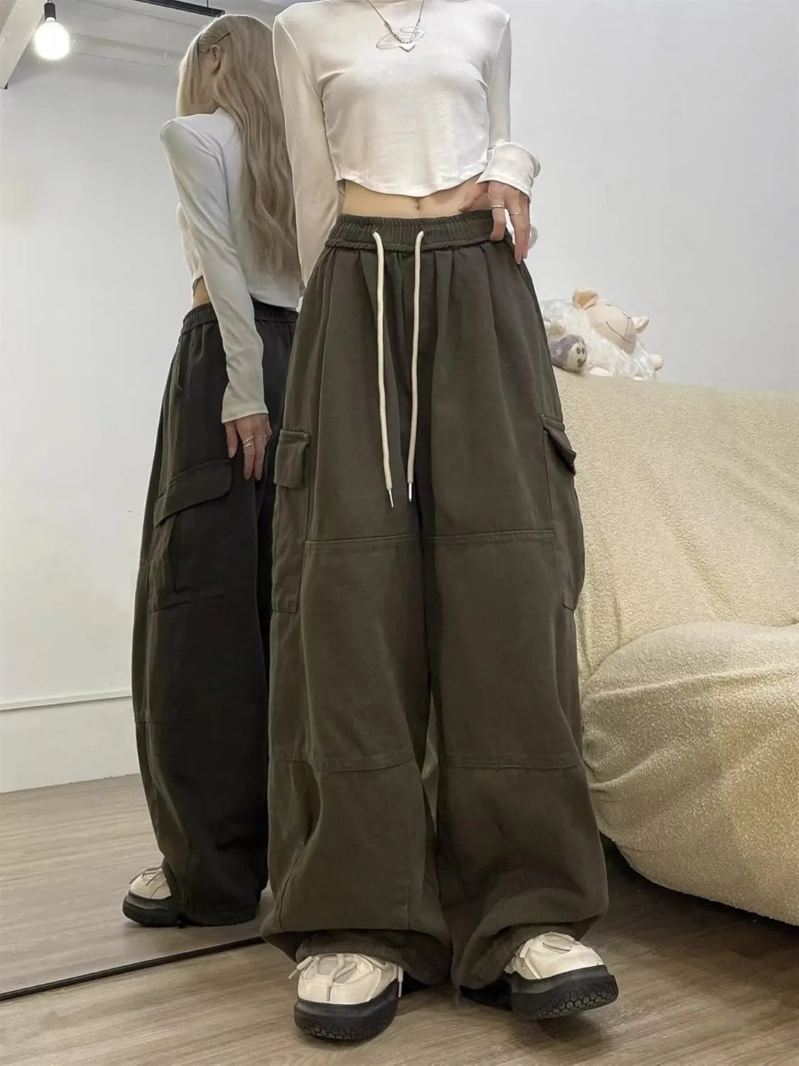 Pooyikoi Women's Baggy Cargo Pants Y2K Pants Multi-Pocket Pants Gothic Harajuku Baggy Wide-Leg Pants Oversized Streetwear