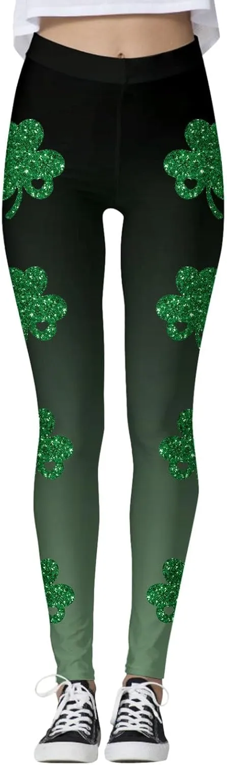St Patricks Day Leggings for Women High Waist Green Clover Leaves Leggings Lucky Irish Shamrock Tights Soft Yoga Pants