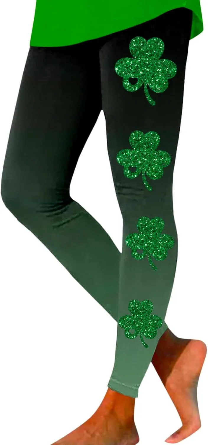 St Patricks Day Leggings for Women High Waist Green Clover Leaves Leggings Lucky Irish Shamrock Tights Soft Yoga Pants