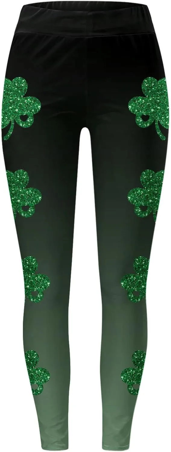 St Patricks Day Leggings for Women High Waist Green Clover Leaves Leggings Lucky Irish Shamrock Tights Soft Yoga Pants