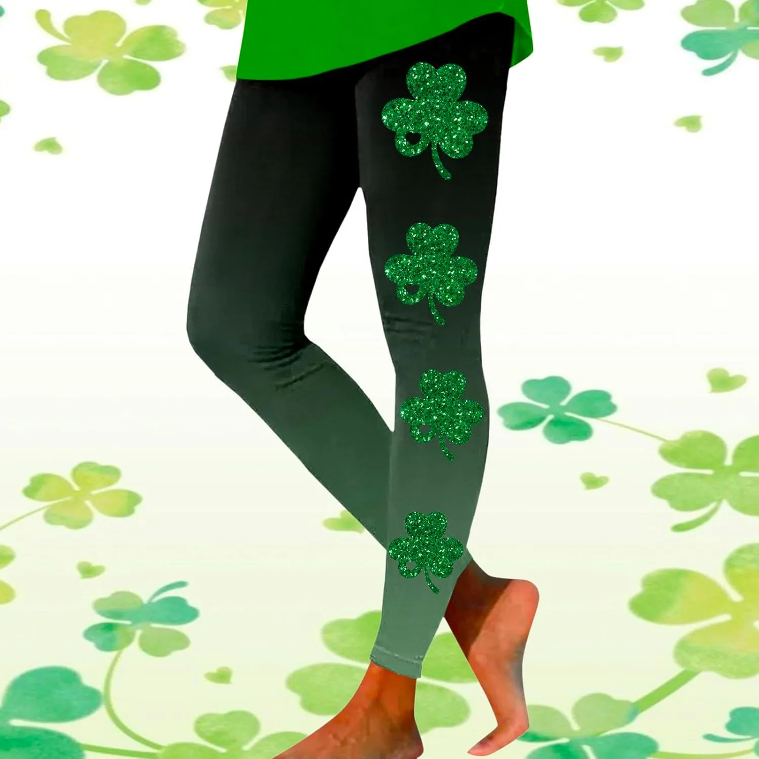St Patricks Day Leggings for Women High Waist Green Clover Leaves Leggings Lucky Irish Shamrock Tights Soft Yoga Pants