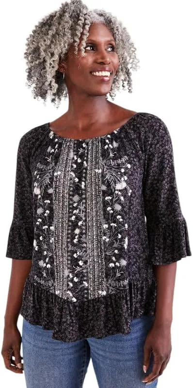 Style & Co. Women's Petite Embellished Convertible-Neck Top (Lola Deep Black, Petite Medium)