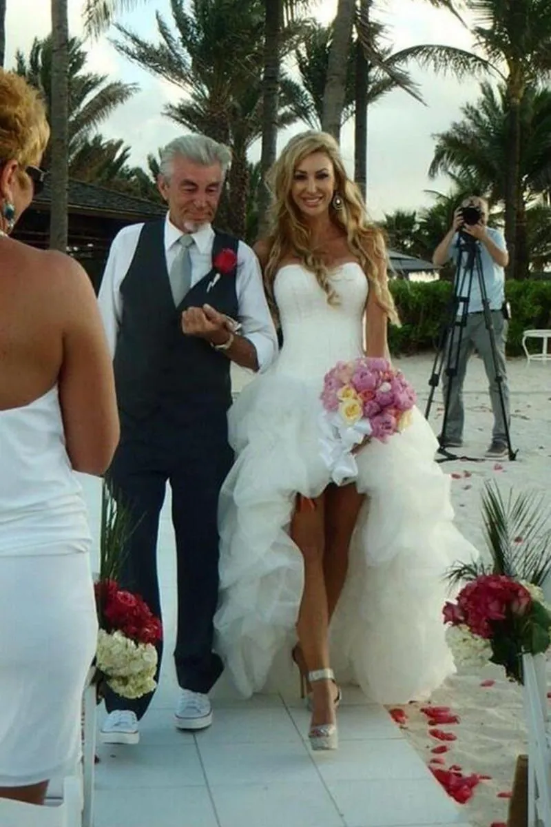Sweetheart Ivory Ruffled High Low Organza Corset Bridal Gowns Long Wedding SWK14179