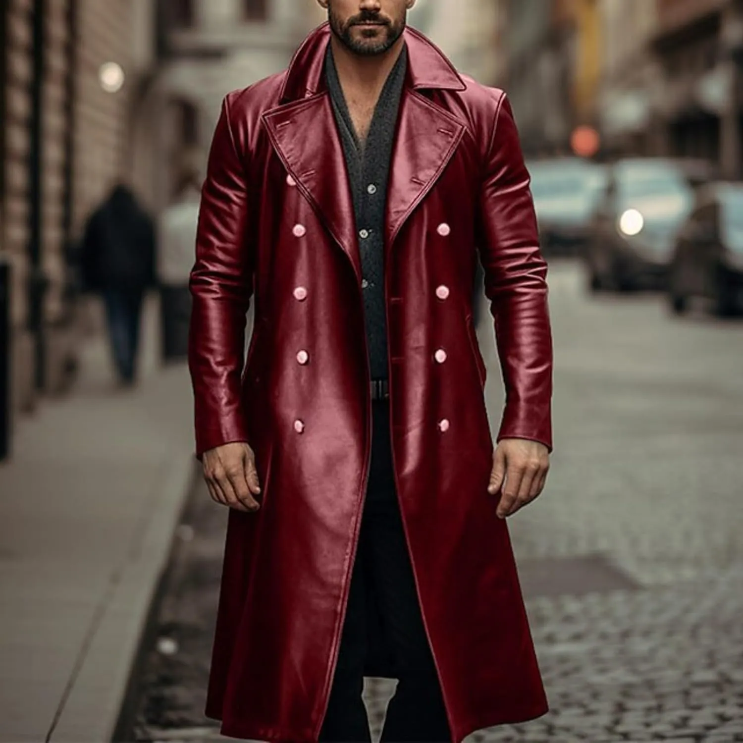 Thatrich Mens Winter Motorcycle Jacket Long Faux Leather Coat Moto Bomber Jacket Steampunk Overcoat Vintage Windbreaker Coats