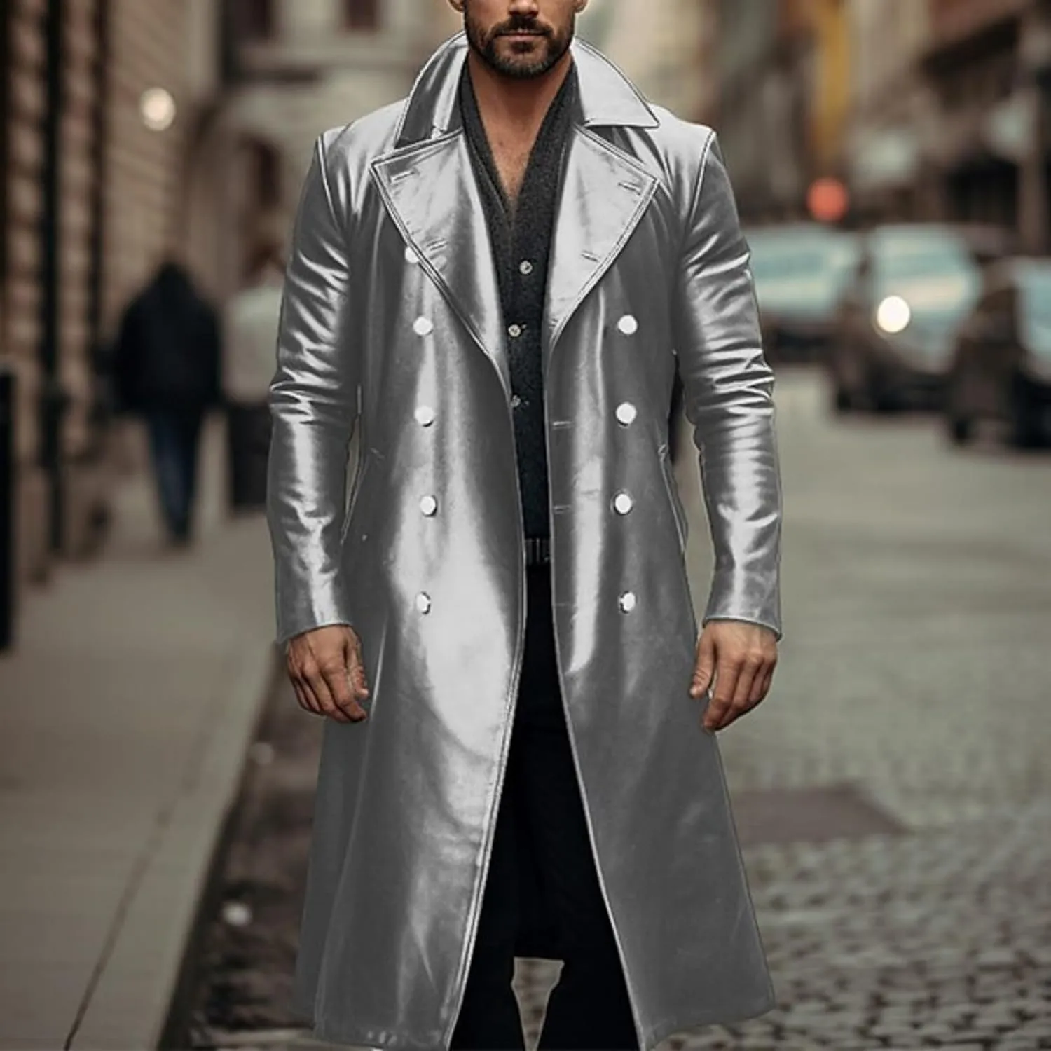Thatrich Mens Winter Motorcycle Jacket Long Faux Leather Coat Moto Bomber Jacket Steampunk Overcoat Vintage Windbreaker Coats