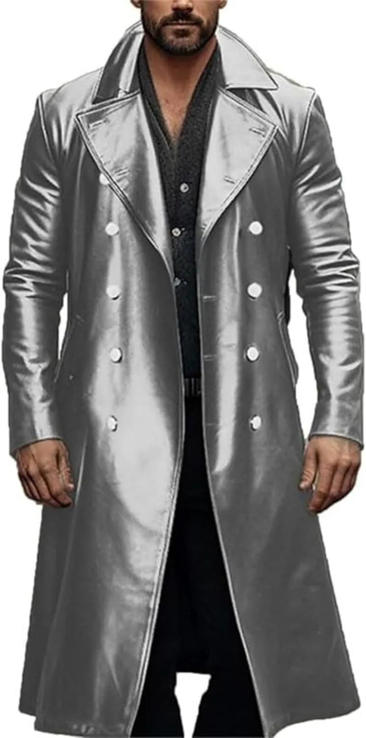 Thatrich Mens Winter Motorcycle Jacket Long Faux Leather Coat Moto Bomber Jacket Steampunk Overcoat Vintage Windbreaker Coats