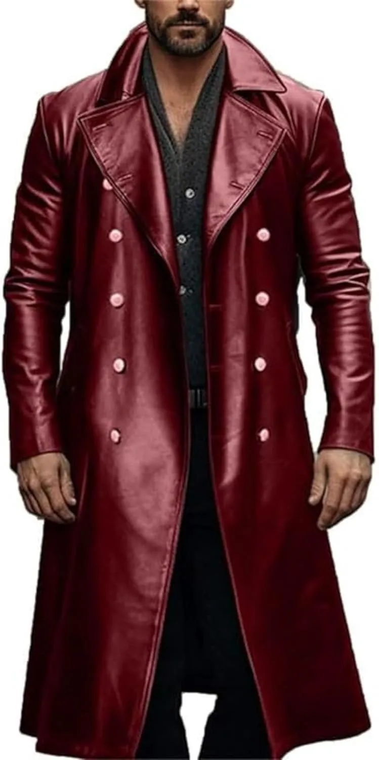Thatrich Mens Winter Motorcycle Jacket Long Faux Leather Coat Moto Bomber Jacket Steampunk Overcoat Vintage Windbreaker Coats