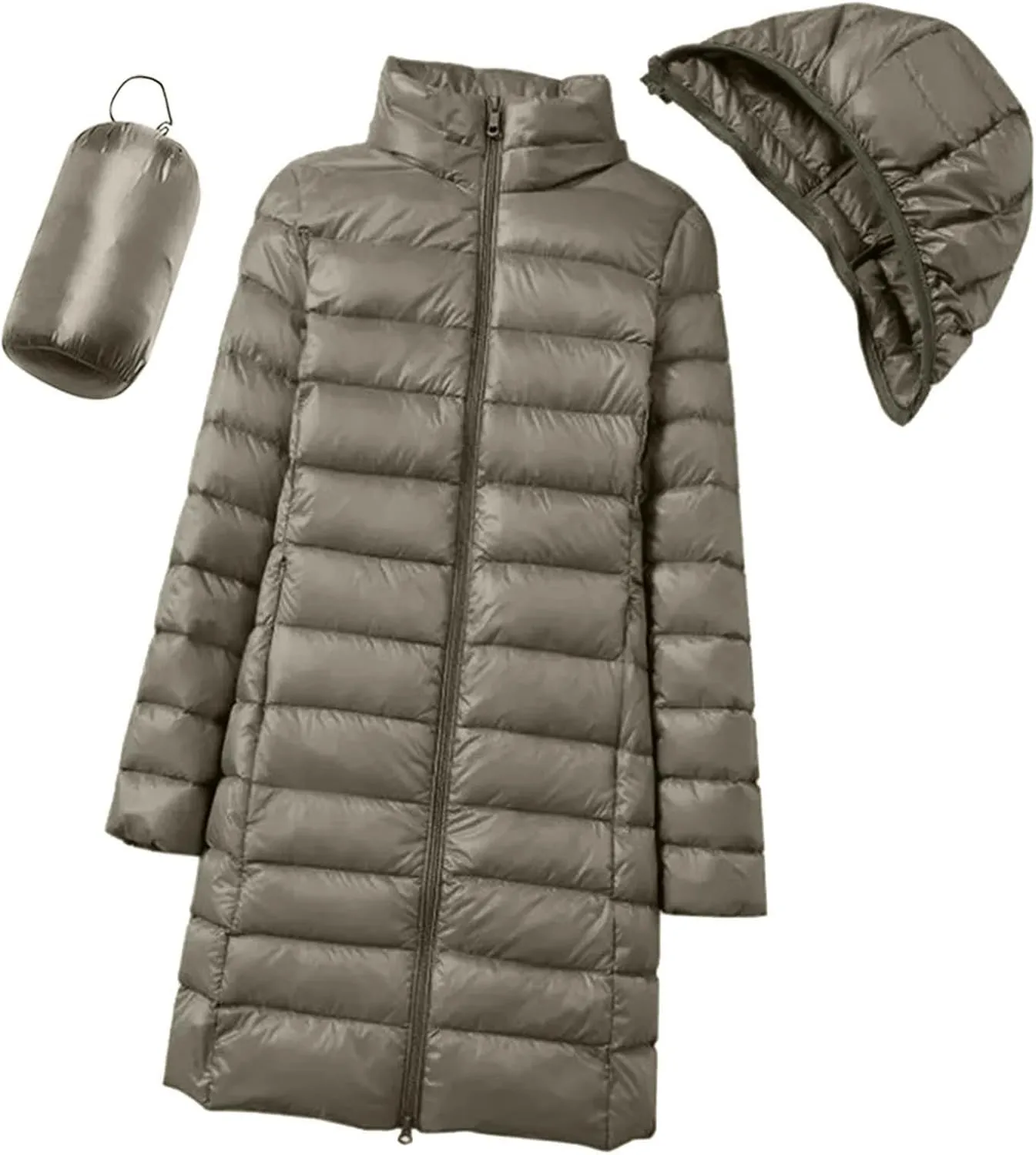 Womens Long Puffer Coat Packable Down Coat Ultralight Parkas Jacket Plus Size Zip Up Winter Hooded Insulated Coat