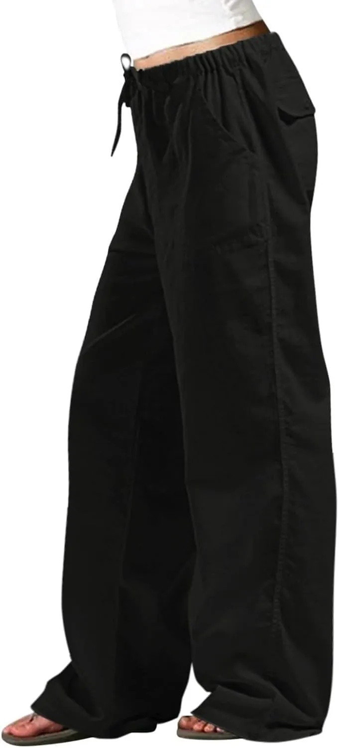 Women's Solid Color Loose Comfort and Drawstring Elastic Waist Pocket Straight Leg Trousers Casual Pants