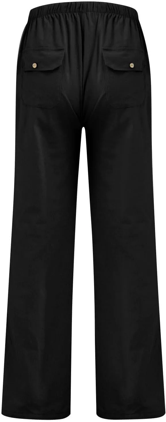 Women's Solid Color Loose Comfort and Drawstring Elastic Waist Pocket Straight Leg Trousers Casual Pants