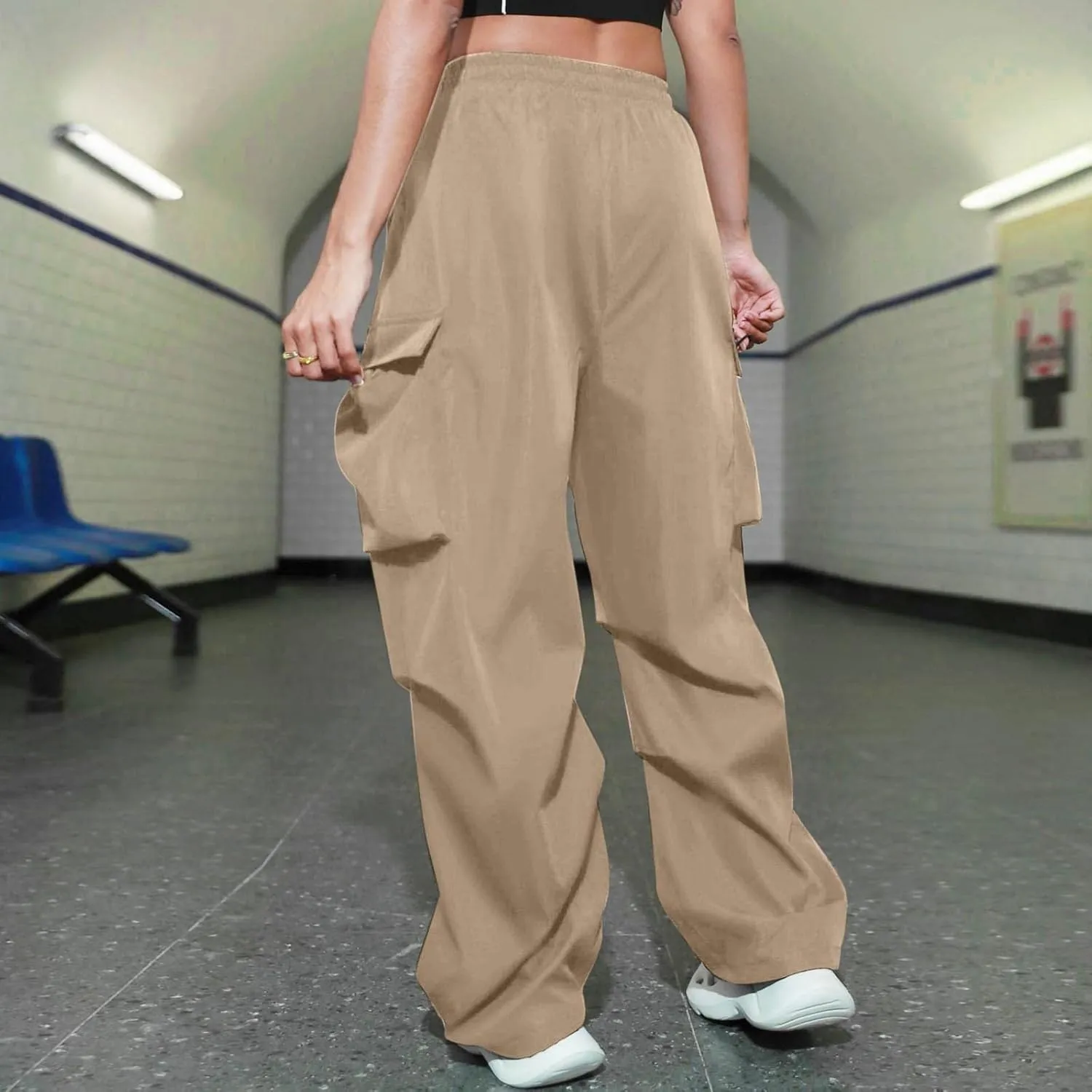 Women's Y2k Trousers Casual Loose Outdoor Cargo Pants Straight Leg Overalls Elastic High Waisted Baggy Jogger Workout Pants