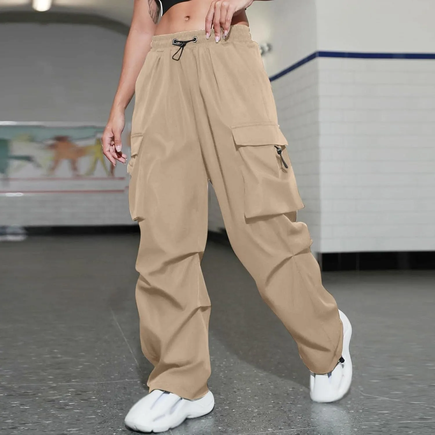 Women's Y2k Trousers Casual Loose Outdoor Cargo Pants Straight Leg Overalls Elastic High Waisted Baggy Jogger Workout Pants